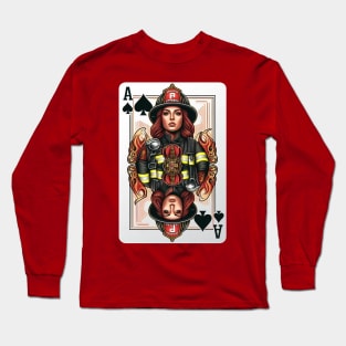 Female Firefighter Playing Card Ace Of Spades Long Sleeve T-Shirt